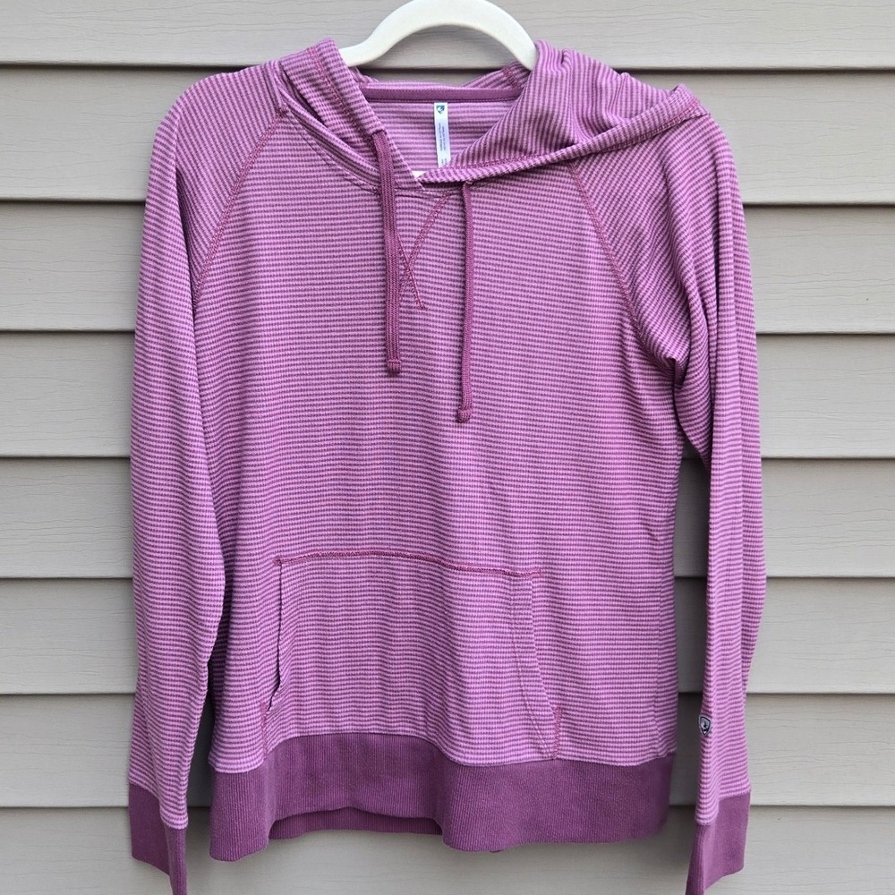 Kuhl Womens Purple Striped Waffle Knit Hoodie Pullover Small Raglan Sleeve